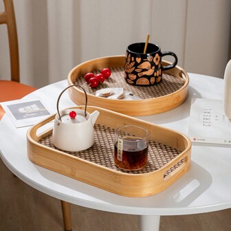 圆形/矩形托盘，带手柄的竹托盘，用于在家庭餐桌上供应早餐、饮料、小吃，用于在家庭餐桌上供应早餐、饮料、小吃，最佳礼物
