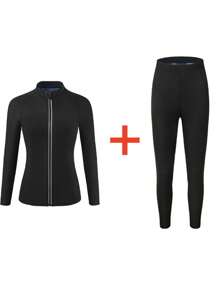 1 Set 2025 New Design Women Outdoor Running/Fitness Long Sleeve + Long Pants, Top + Bottoms Set, Zipper Design, Sauna Sweat Suit For Weight Loss, Waist Training, Suitable For Autumn And Winter, Includes Top And Pants Gym Accessories For Belly Slimming Girdles, Lumbar Girdles For Belly Slimming Corset - Navy Blue - View 10