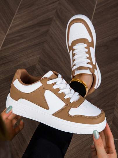 Unisex Casual Lace-Up Thick Sole Sneakers, Brown & White, Spring Time Sporty Streetwear Suitable For Commute, Campus