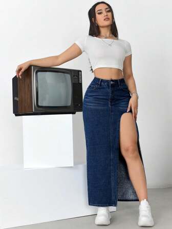 女士简约纯色日常穿搭开衩牛仔半身裙