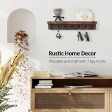 Soporte de pared para llaves, organizador de pared de madera para el hogar con 7 ganchos y estante de exhibición, estante de pared para sala de estar, entrada, cocina, baño, organizador de cocina y baño, luces de jardín, ganchos colgantes de pared, decoración del Día de San Valentín, soporte para llaves, soporte de pared para llaves, perchero de llaves - 7 ganchos - Ver 5