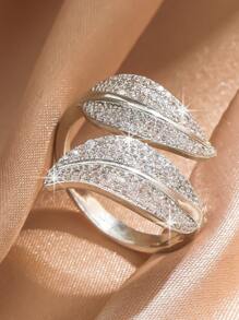 rakol 1 件时尚方晶锆石叶子设计开口戒指，适合女性日常佩戴 - 銀色 - 查看 3