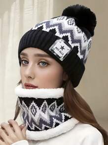 Conjunto de 2 peças/conjunto de gorro e cachecol de malha acrílica com padrão geométrico feminino, proteção auricular, pompom, forro térmico, adequado para ciclismo ao ar livre no outono e inverno, Natal