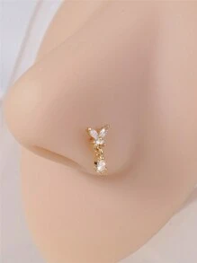 KARYOKO 1 Piece Silver Gold Color Dangle L Shaped Nose Studs For Women Butterfly Design CZ Dangling Nose Rings Unique Original Design Nostril Stud Nose Piercing Jewelry