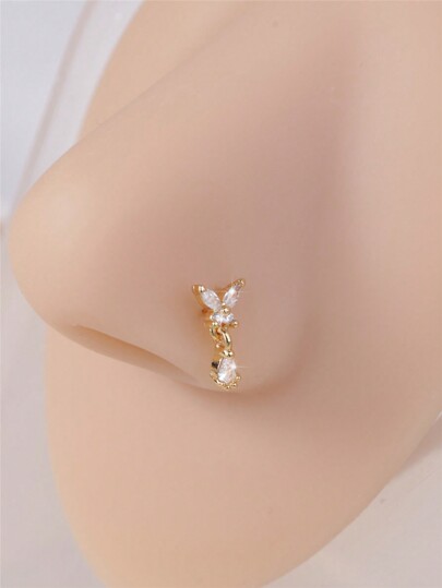 KARYOKO 1 pieza de pendiente de nariz en forma de L de color plateado y dorado para mujeres con diseño de mariposa con cristales de circonita, anillo de nariz colgante de diseño único y original para piercing de fosa nasal