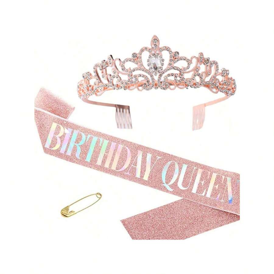 女士生日皇冠，女士银色皇冠，女士生日快乐女王皇冠，女士皇冠生日女王皇冠配生日绶带，女士水钻皇冠 - 杏色 - 查看 1