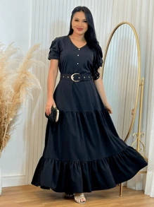 Long Loose Party Dress With V-Neck Belt - Black - View 1