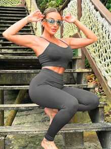 Seamless Fitness Set Removable Padded Top And Butt Lifting Leggings - 燧石 - 查看 3