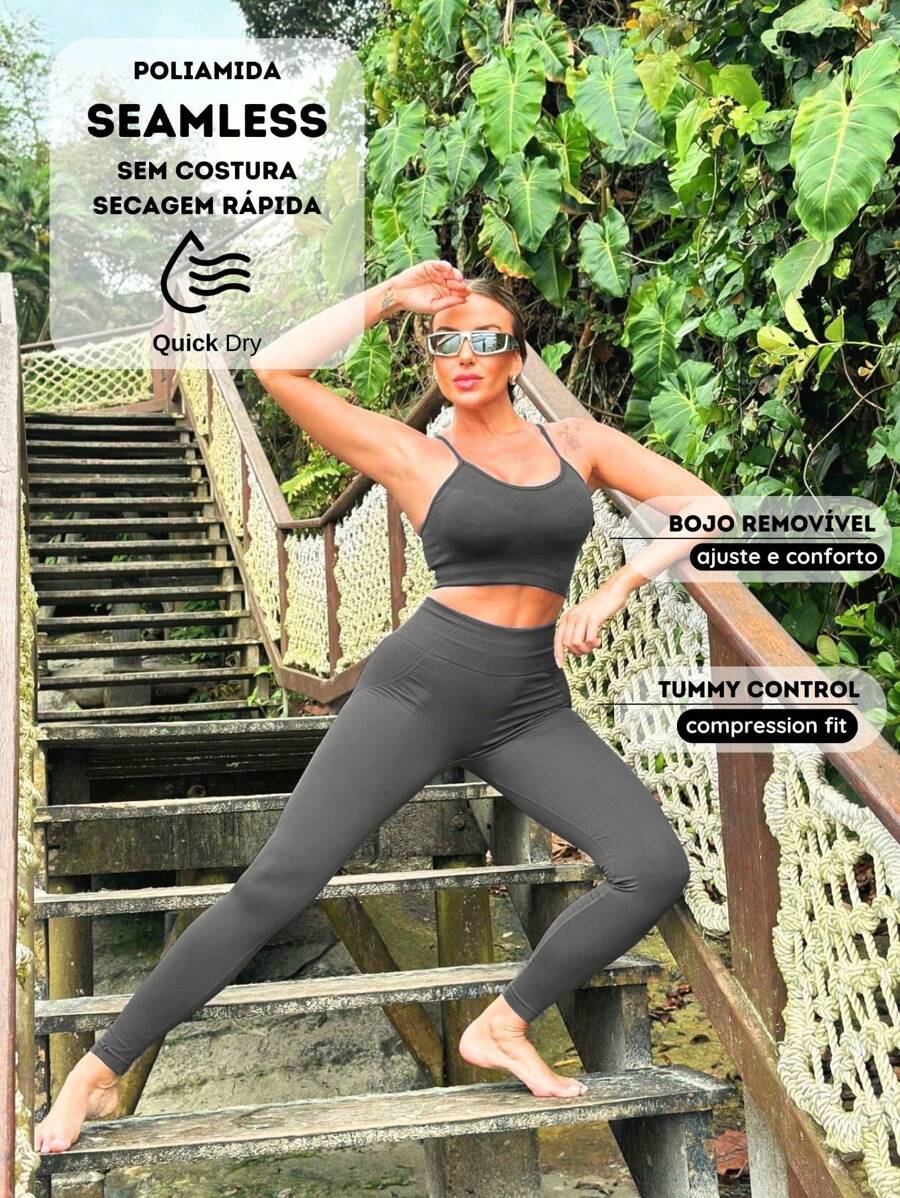 Seamless Fitness Set Removable Padded Top And Butt Lifting Leggings - 燧石 - 查看 1