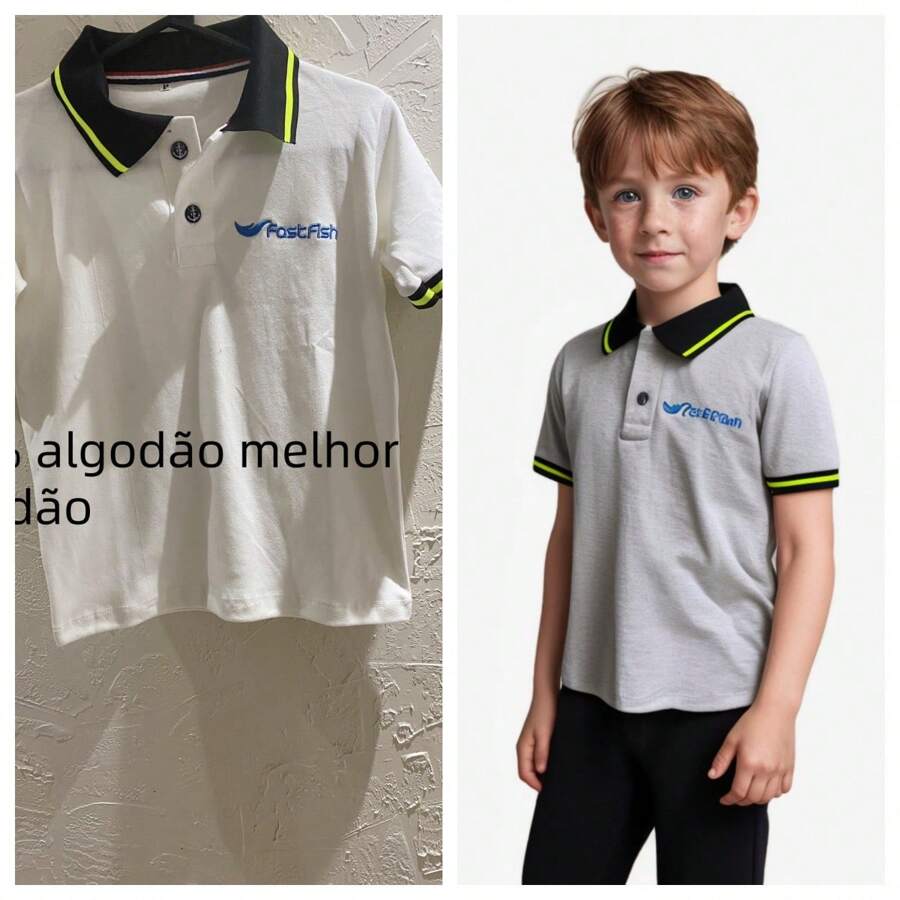 Kit 2 Children's Polo Shirts 6-12 100% Cotton Suidine Fabric With Embroidery Black Collar - 淺灰色 - 查看 1