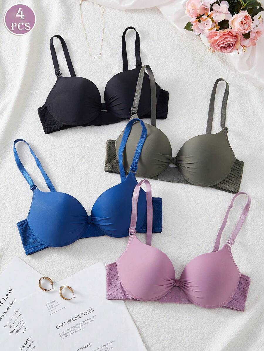 4件套女士舒适透气软杯聚拢文胸,小胸内衣 - 彩色 - 查看 1