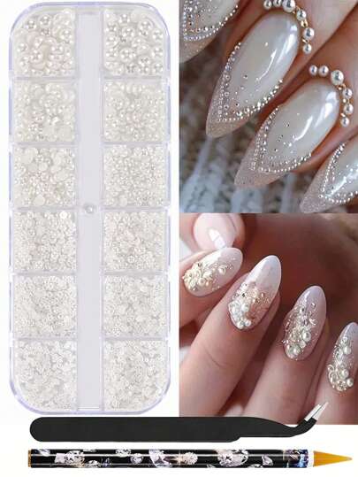 12 格多种尺寸珍珠 3D 指甲饰物和拾取铅笔+镊子，1 盒奢华美甲配件，无香配方，持久 3D 扁平白珍珠套装，适用于美甲和面部眼部身体化妆美甲用品指甲美甲宝石