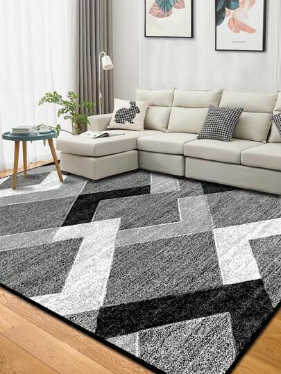 A Geometric Pattern Carpet With Black, White And Grey Prints, Made Of Polyester Fiber, Easy To Clean And Wash, Suitable For Living Room, Hallway, Bedroom, Office, Kitchen, Farmhouse Home Decor. ,Room Decor