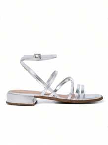 Women's Party Flat Sandal Low Square Heel With Straps Basic Comfortable Elegant Adjustable Ankle Closure Low Heel Soft Sole Lightweight - Bạc - Xem 3