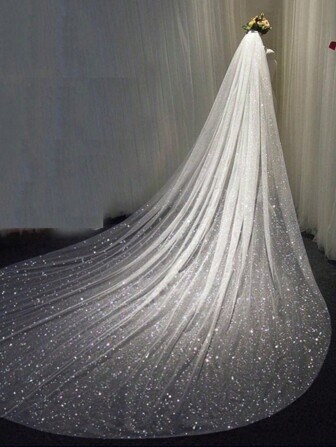 1 pezzo Velo bianco da sposa a strato singolo lungo di tulle con glitter per cerimonie di matrimonio e feste