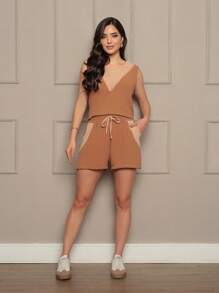 Women's Sleeveless Shorts Set, Spring Summer Fashion - Marrón - Ver 5
