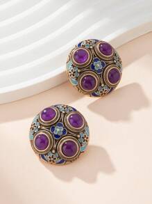 Bijoux de mode pour femmes, boucles d'oreilles en alliage de cuivre avec améthyste violette incrustée, style vintage européen surdimensionné. Accessoire exquis. Conception d'usine de premier ordre, sensation métallique vintage antique, ornement scintillant de luxe dégageant une aura solennelle. Fabriqué avec passion et travail exceptionnel, chaque pièce est un design unique. - Multicolore - Voir 4