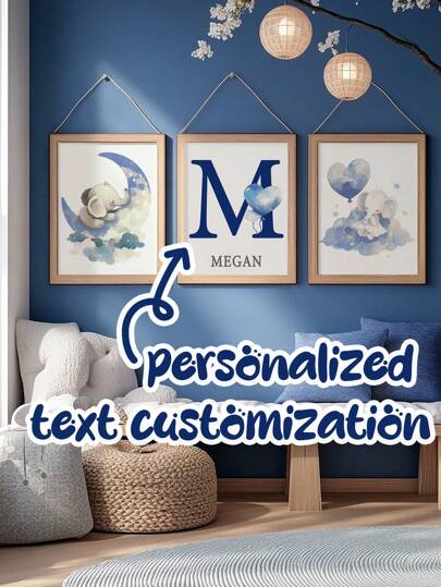 3pcs Frameless Personalized Elephant Moon Heart Name Art Printing Pictographic Pictures Hot Poster Animal Canvas Painting Moon And Art Baby Room Poster Baby Girl Bedroom Decoration, Kids Photo Custom Mural, Minimalist Style Wall Decoration Back To School