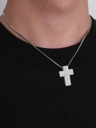1pc Fashionable Hip-Hop Original Cross Cubic Zirconia Inlaid Pendant For Men