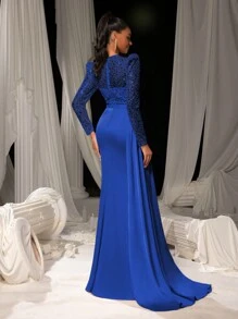 Faeriesty Women's Elegant Shiny Sequin Mermaid Evening Gown With Satin Long Skirt | Luxurious Elegant Formal Design | Perfect For Weddings, Galas, Red Carpet Events, Formal Dinners, And Summer Vacation Attire - Royal Blue - View 3