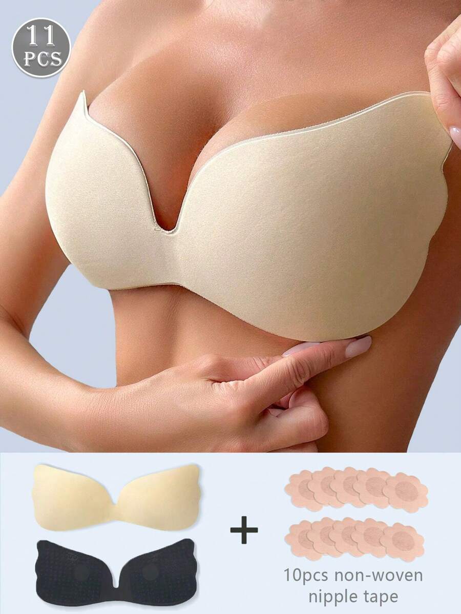 11件/(1件连体侧翼文胸+10件无纺布乳头贴)隐形文胸连体侧翼聚拢罩杯婚纱聚拢文胸/吊带隐形防凸乳头贴透气超薄 - 黑色 - 查看 1