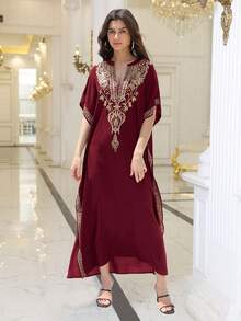 Modest Burgundy Red Embroidered Arabesque Stand Collar Dress Loose Casual Moroccan Kaftan Dresses