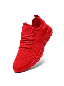 男士舒适运动鞋时尚公路跑鞋网眼透气运动鞋户外步行鞋防滑休闲鞋红色