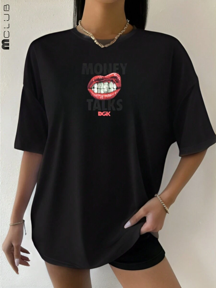 Women's Money Talks Printed T-Shirt Cotton Tshirt Unisex Shirt - 黑色 - 查看 1