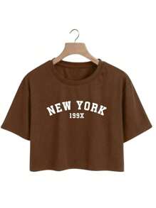Kit 2 Cropped Women's T-Shirt Blouse In Cotton New York - Rust Brown - View 3