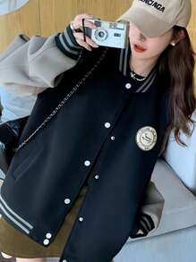 Bordado Acolchado Engrosada Americana Retro Chaqueta Béisbol Abrigo Mujeres Invierno Cazadora Suelta - Negro - Ver 2