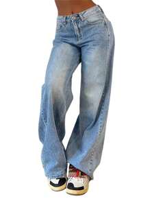 Womens High Rise Boyfriend Jeans Vintage Wide Leg Loose Denim Pants Washed Jeans With Pockets - Blue - View 1