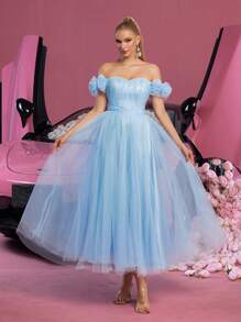 Elegant Off-Shoulder Ruched Chiffon Homecoming Dress, Perfect For Homecoming, Parties, Prom And Cocktail Events - Baby Blue - View 5