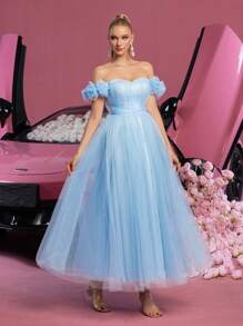 Elegant Off-Shoulder Ruched Chiffon Homecoming Dress, Perfect For Homecoming, Parties, Prom And Cocktail Events - Baby Blue - View 8