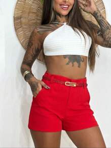 Women's Tailored Shorts With Shiny Belt - 黑色 - 查看 4