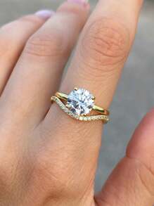 1 件精致优雅奢华 925 纯银 4 爪圆形女士戒指女士珠宝礼物生日礼物派对礼物 - 金色 - 查看 5