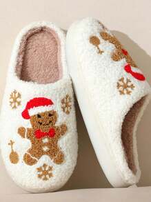 Women's Christmas Snowflake Gingerbread Man Plush Slippers, Indoor Anti-Slip Comfortable Durable Fluffy Slippers For Autumn/Winter - White - View 5