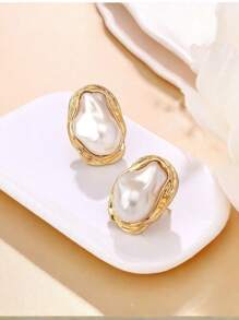 1 Cặp Hoa tai xếp ly hình học ngọc trai giả bất đối xứng tối giản, thích hợp cho vũ hội, kỳ nghỉ, tiệc tùng và đeo hàng ngày cho phụ nữ - Nhiều màu - Xem 5