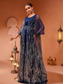 Women's New High-End Luxury Chic Sequin Beaded Lace 2 Pieces Turkish Robe Dress - Navy Blue - View 5