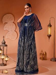 Women's New High-End Luxury Chic Sequin Beaded Lace 2 Pieces Turkish Robe Dress - Navy Blue - View 4