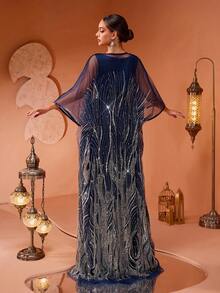 Women's New High-End Luxury Chic Sequin Beaded Lace 2 Pieces Turkish Robe Dress - Navy Blue - View 7