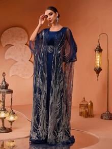 Women's New High-End Luxury Chic Sequin Beaded Lace 2 Pieces Turkish Robe Dress - Navy Blue - View 3