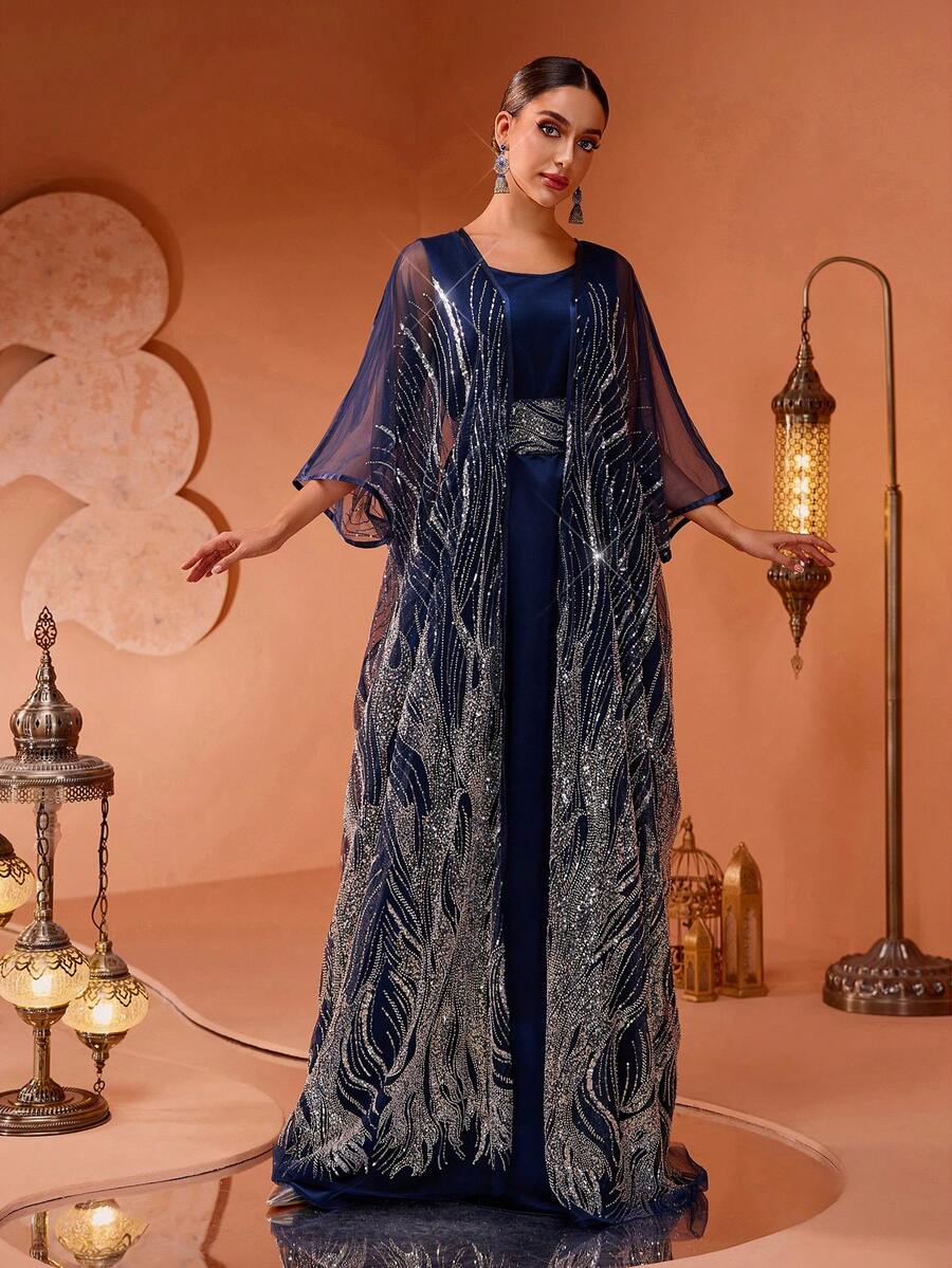 Women's New High-End Luxury Chic Sequin Beaded Lace 2 Pieces Turkish Robe Dress