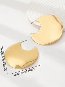1 Pair Gold Color Simple Metal Round Plate Shape Big Hoop - Statement Earring For Women Basic Design Daily Wear Jewelry - Gold - View 3