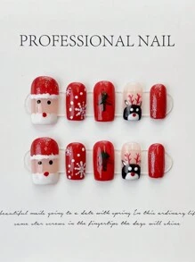 Bộ 10 móng tay giả hình vuông tròn thủ công phong cách Giáng sinh cao cấp màu đỏ bóng chủ đề Giáng sinh hình nai sừng tấm bông tuyết mùa thu đông Bộ móng tay giả che phủ toàn bộ Bao gồm 1 tờ keo dán 1 dũa nhỏ - Nhiều màu - Xem 2