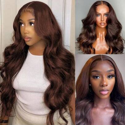 Body Wave 13x4 13x6 Lace Front Wigs Dark Brown Fiber Mix Human Hair Wig Pre Plucked With Natural Hairline HD Lace Frontal Wigs For Women Chocolate Brown Colored(Bob Wig 6inch)