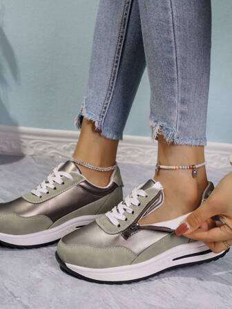 Women's Thick Sole Comfortable Lightweight Running Shoes, Casual Zip-Up Lace-Up Patchwork Sneakers For All Season, Soft Rubber Sole Low-Top Round Toe Athletic Shoes