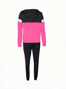 New Fashion Patchwork Casual Hooded Sweatshirt And Sweatpants Set - Hot Pink - View 2