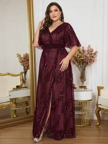 Plus Size Burgundy V-Neck Long Dress With Ruffle Sleeves And Sequin Decor