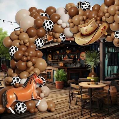 Set de 127 piezas Kits de arco de globos con temática granja y vaquero, incluyendo globos de aluminio con diseños de sombreros vaqueros, adecuado para decorar fiestas de cumpleaños