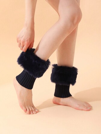 1 Pair Women's Black Fuzzy Trim Leg Warmers, Slimming And Shaping, Suitable To Pair With Tights, Boots, Jeans, Etc.